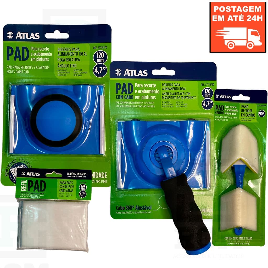 Kit Pad Para Pintura Com Cabo Ajustavel + Pad Para Pintura Recorte Em Cantos Atlas + Sem Cabo + Refil
