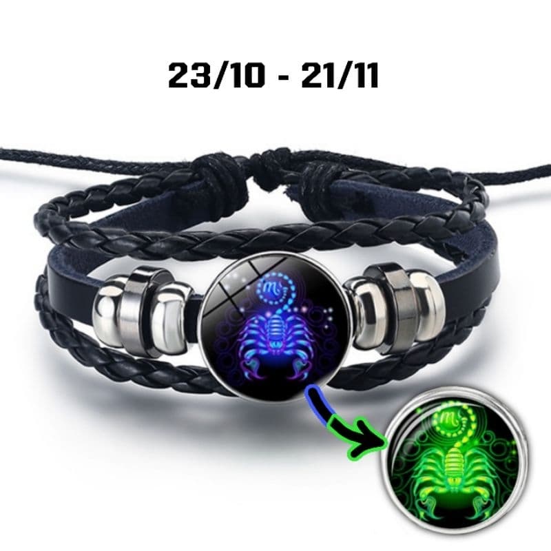 Pulseira Signos do Zodíaco Escorpião Luminosa de Couro Brilha no Escuro Bracelete Unissex Astrologia
