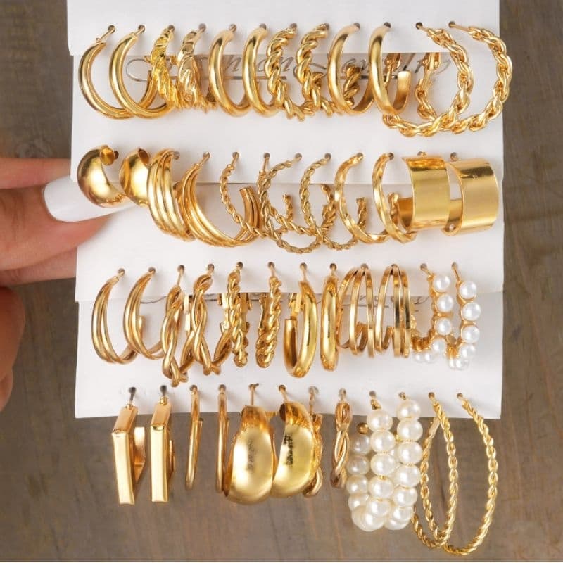 Conjunto Brincos Femininos de Argola Ouro e Pérolas 6 Pares Elegantes Para Mulheres Joias Dourados