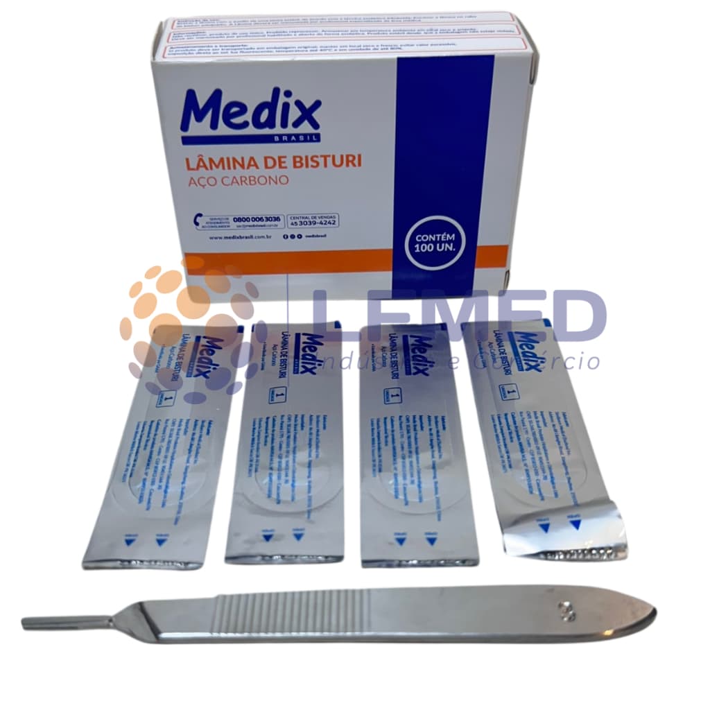 Kit Lamina Aço Carbono c/100 + Cabo Bisturi - Todas Numerações 10 ao 24 Dermaplaning Podologia