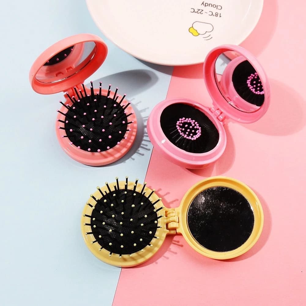 Mini Escova de Cabelo Dobrável com Espelho de Bolsa Portátil