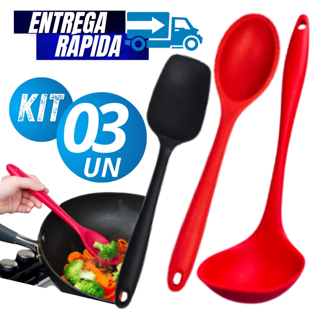 Conjunto Jogo 03/02  utensílios para Cozinha de Silicone Colher de Arroz Espátula Pão Duro Concha Linha Premium