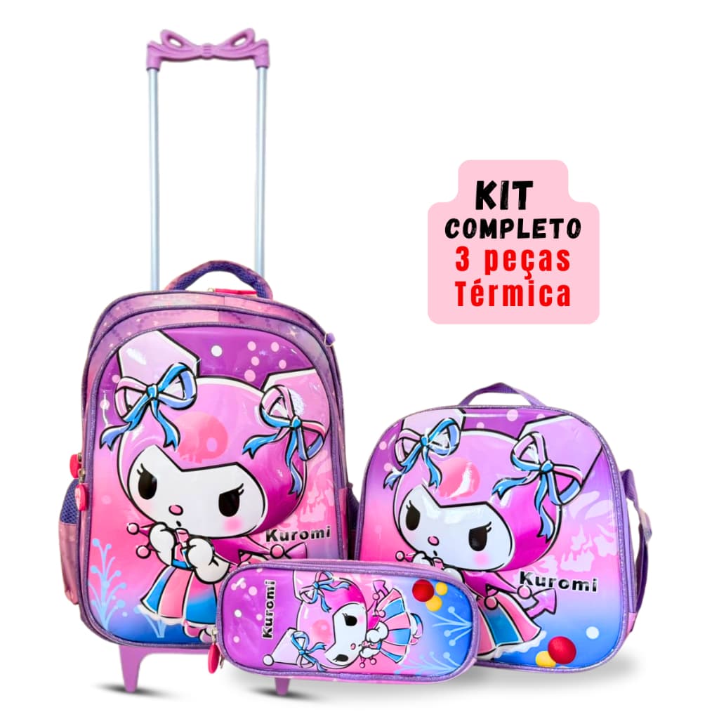 Kit Mochila Escolar Rodinha Infantil Kuromi + Lancheira Térmica e Estojo Reforçado