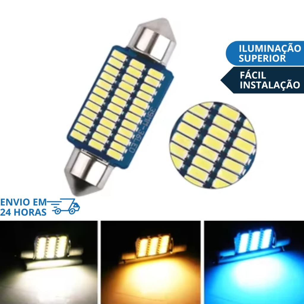 Lampada de Led Para Carro Lâmpada Torpedo 39mm 36 Smd 4300k Branco Quente Canbus