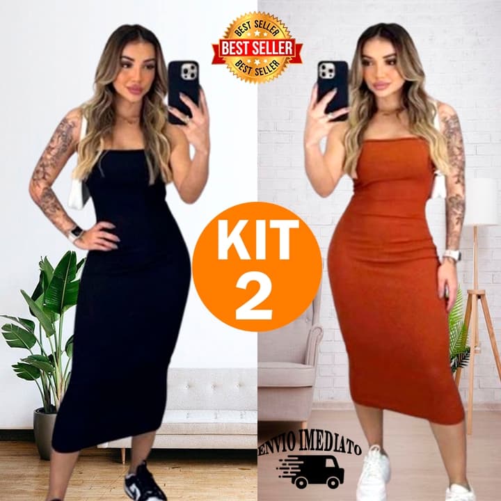 Kit 2 Vestido Feminino Midi Tomara que Caia Canelado Anarruga Elegância e Ousadia