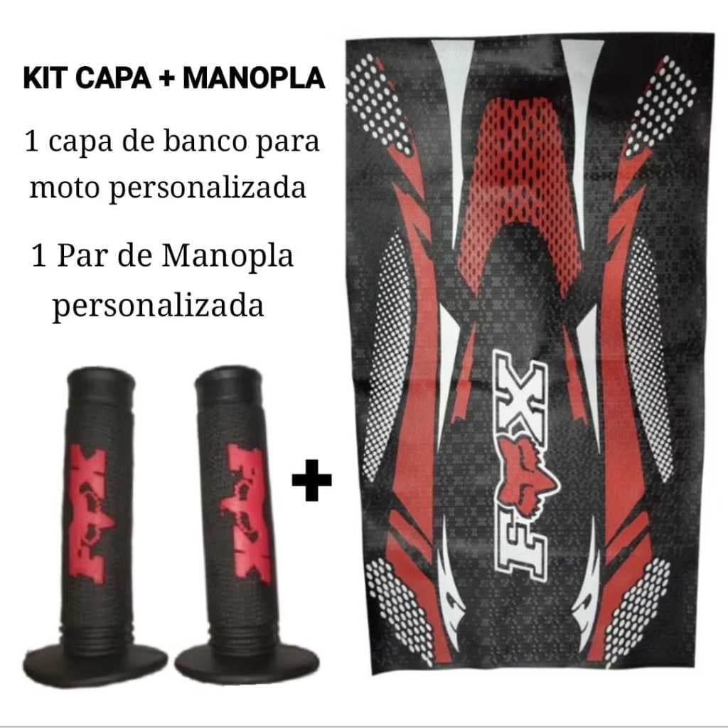 Kit Capa de Banco para Moto e Manopla Punho Luva Diamante Personalizada FOX