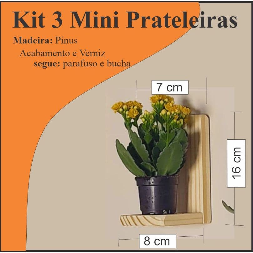 Kit 3 Mini Prateleiras - Suporte de Madeira Pinus
