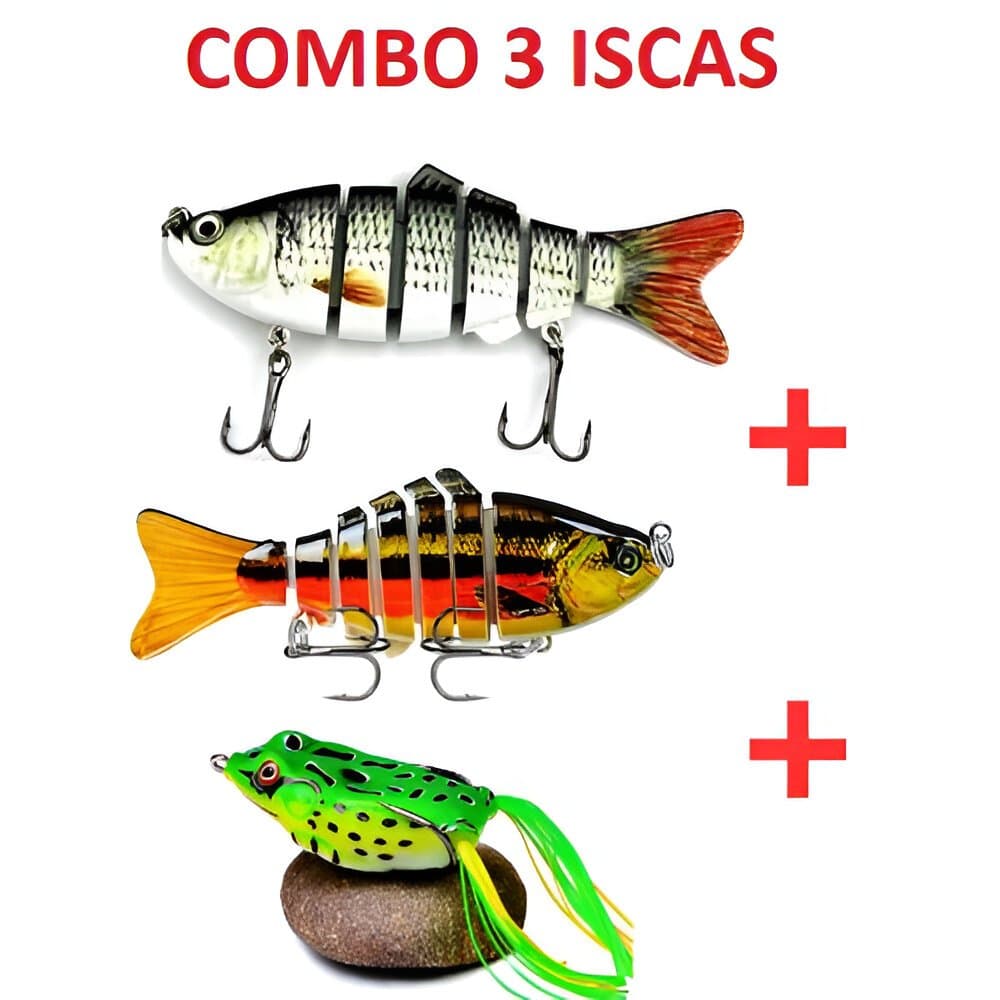 Combo 3 iscas artificiais 2 iscas lambari articulado 10cm 7 segmentos prata e dourado + 1 isca sapo com anzol 4,5cm