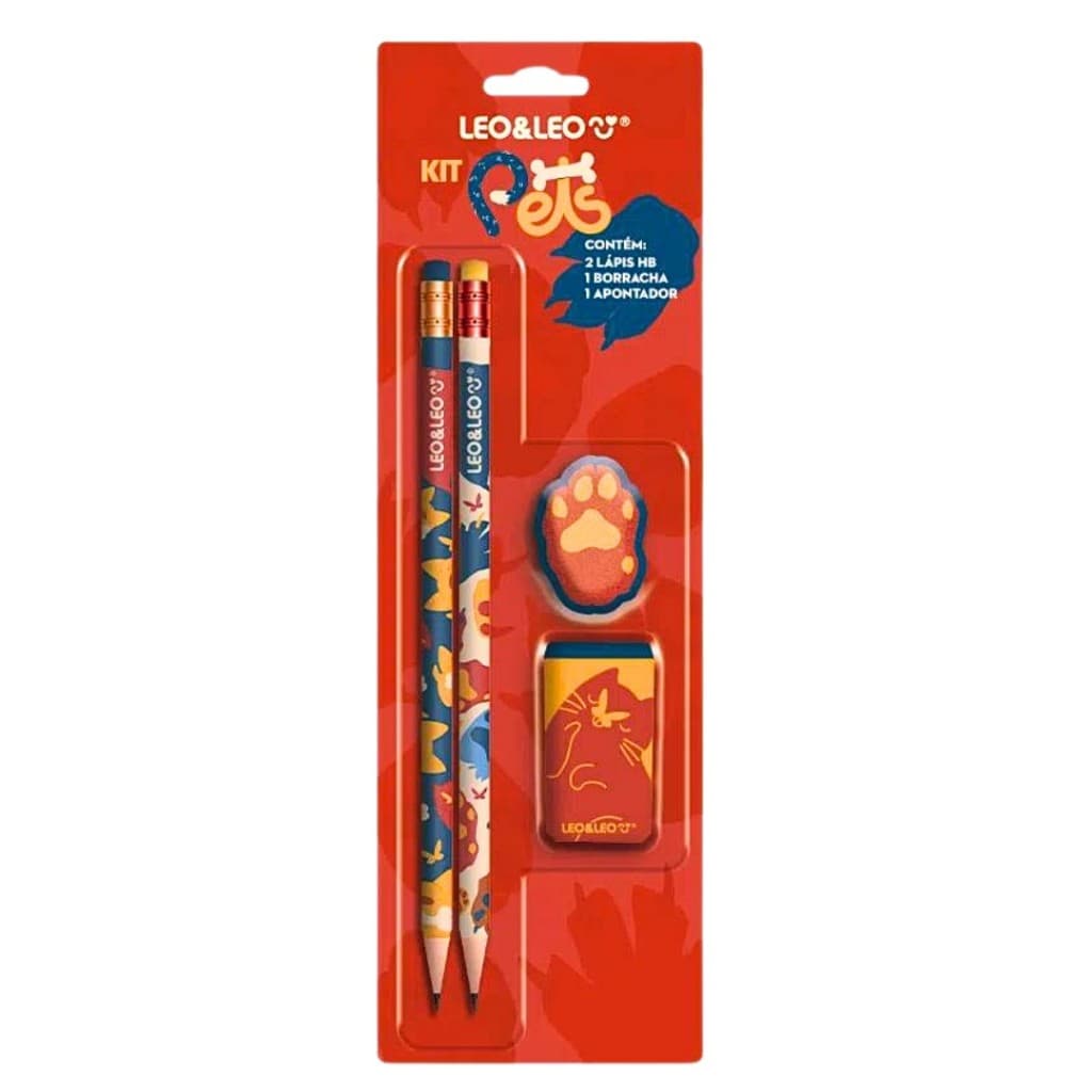KIT ESCOLAR PETS 4 PEÇAS LEO & LEO 2 LÁPIS 1 BORRACHA 1 APONTADOR