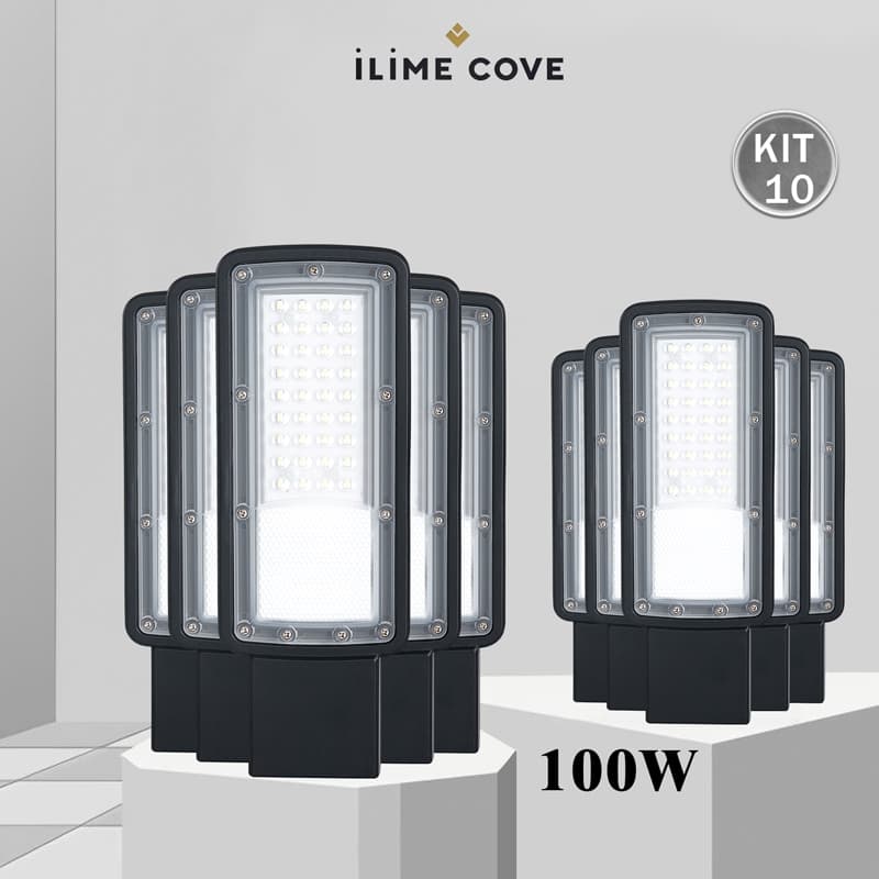 Kit 10 Luminaria Led Smd Rua Publica Poste 100W a 600W Prova Dagua IP66 Iluminação Pública