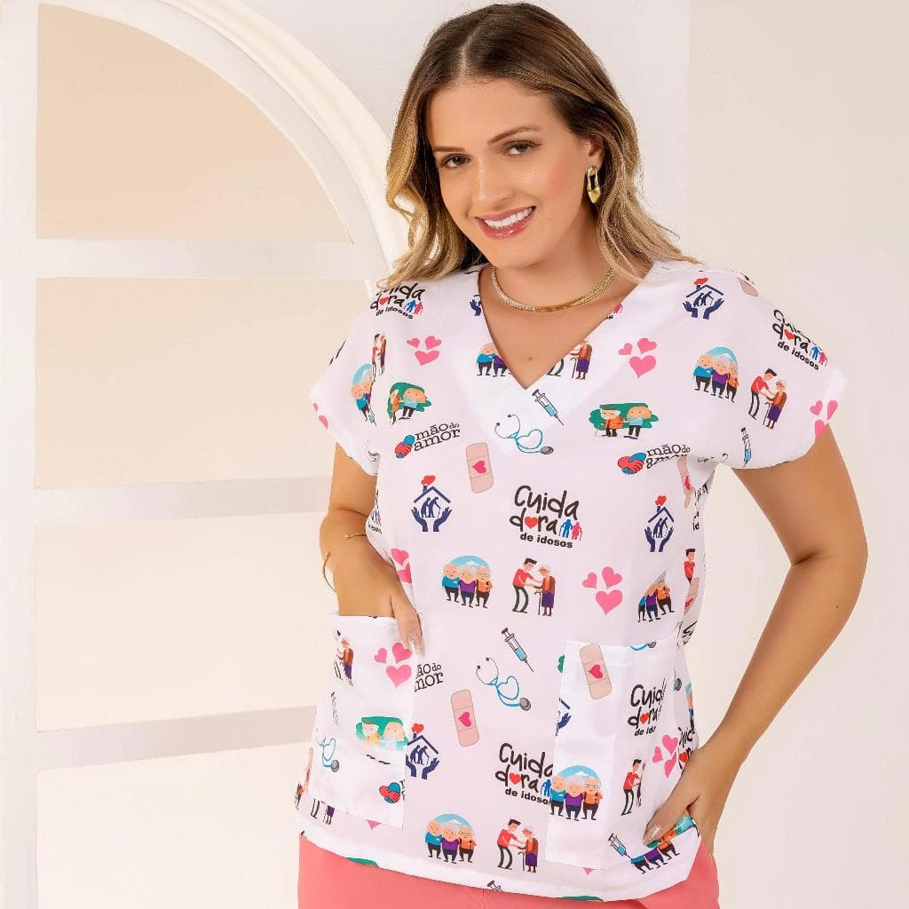 Blusa bata Scrub Estampa cuidadora de idoso (SOMENTE A BATA)