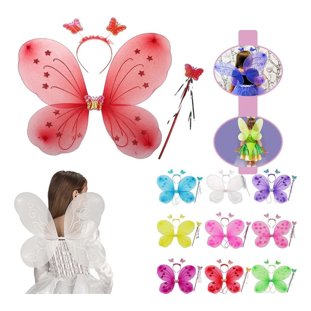 Kit Asa de Borboleta Fada Fantasia Infantil Varinha + Tiara + Asa Carnaval Halloween Festas