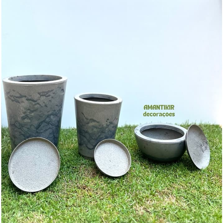 Kit 3 Vasos de Planta  Polietileno Moderno Marmorizado Coluna Redona 1 e 2 + Bacia + Pratos - Kit -11