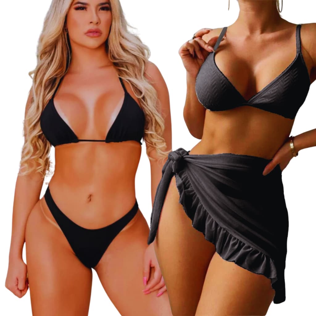 Kit Biquíni Asa Delta Com Bojo Cortininha Blogueira + Saia Pareô Curta Saída Praia Envelope Babado Tendência Canga