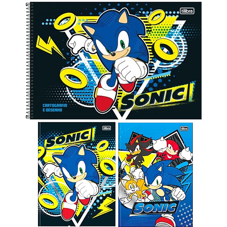 Caderno desenho (Grande) Sonic + 2 cadernos 1/4(pequeno)