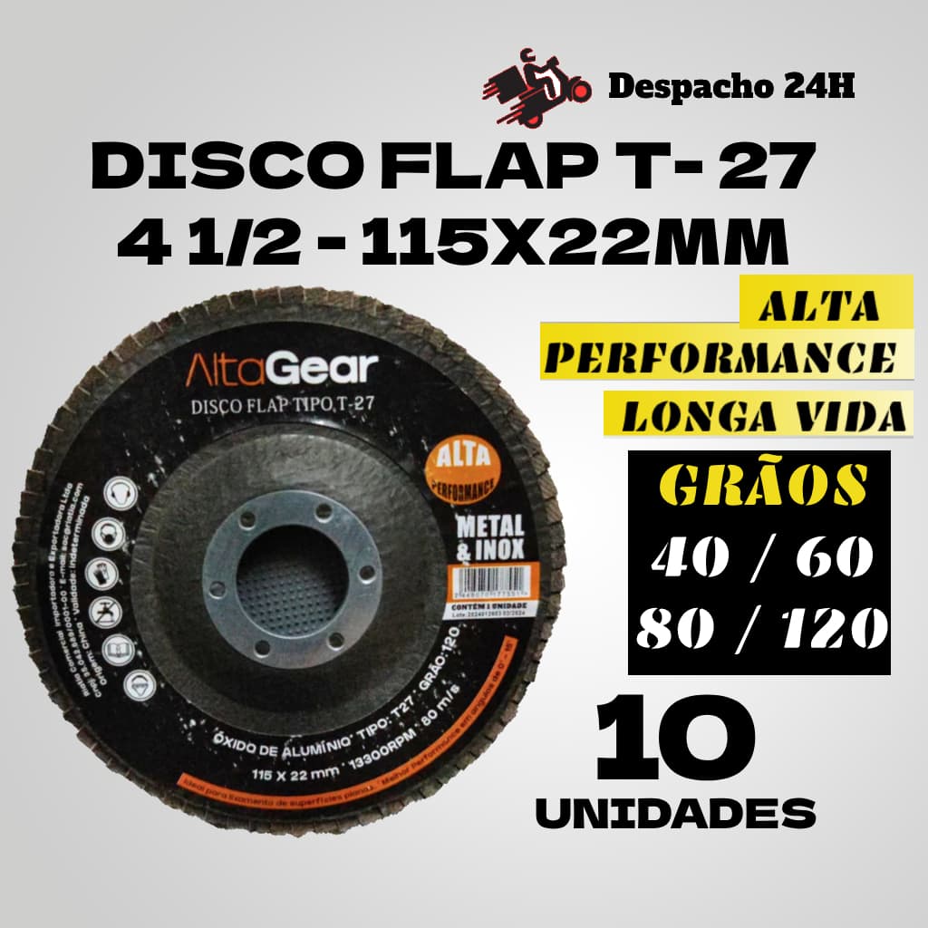 Kit 10 Disco Flap AltaGear - Grão: 40-60-80-120 - Lixa para Madeira e Metal
