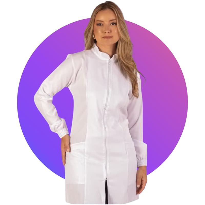 jaleco acinturado zíper branco manga longa Gabardine premium direto da fábrica