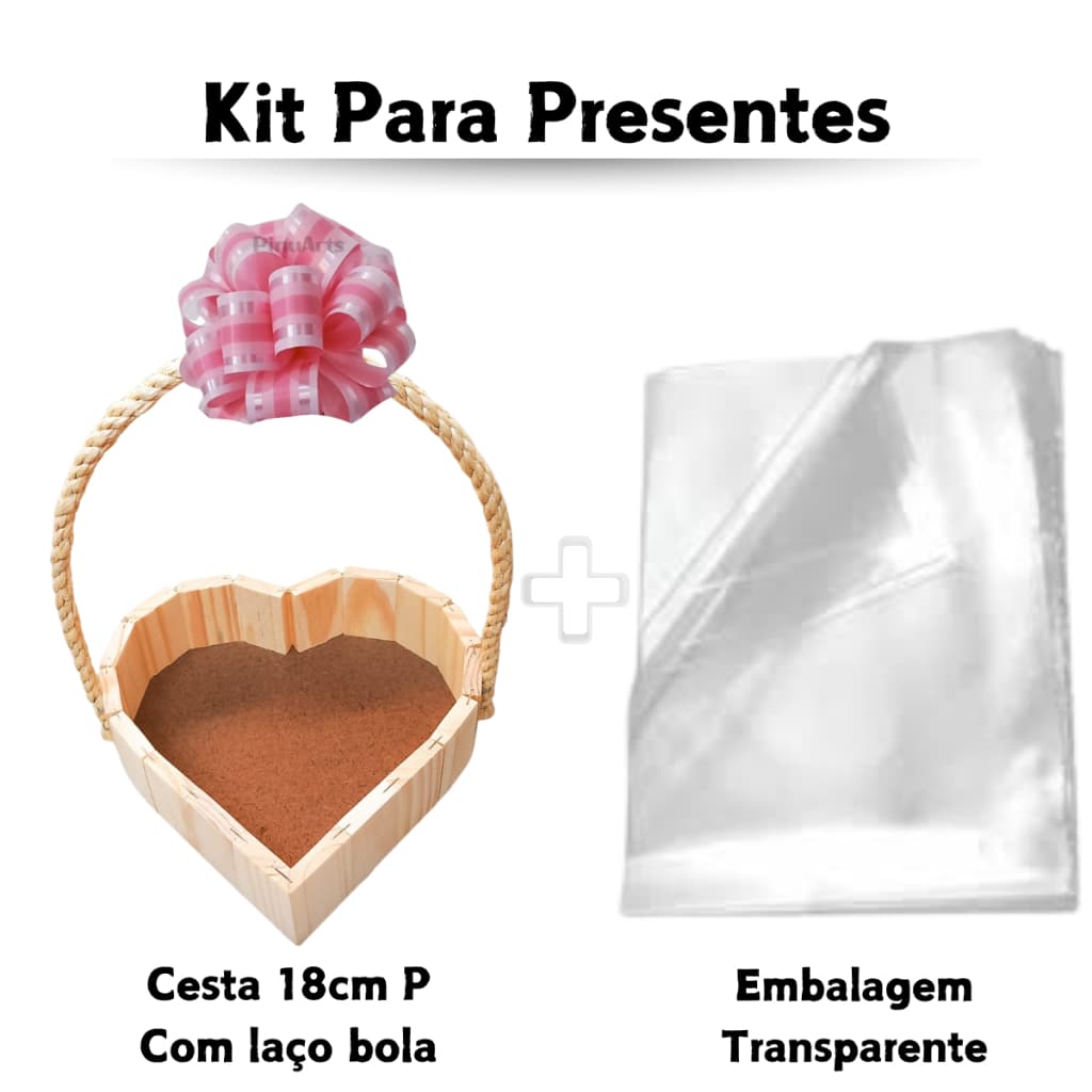 Kit Cesta Coração de Madeira Pinus Para Presentes Com Laço Bola Sortido e Embalagem