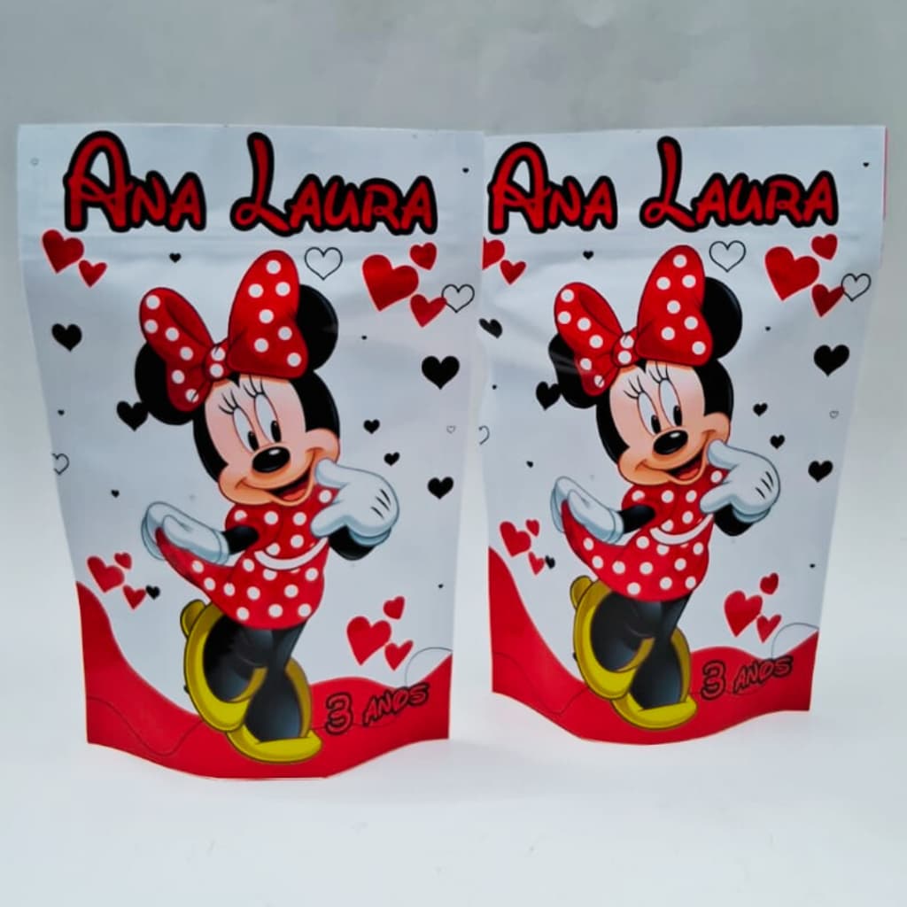 Saquinhos Fecho Zip Hermético Stand Up Pouch Metalizado Personalizado Minnie Vermelha