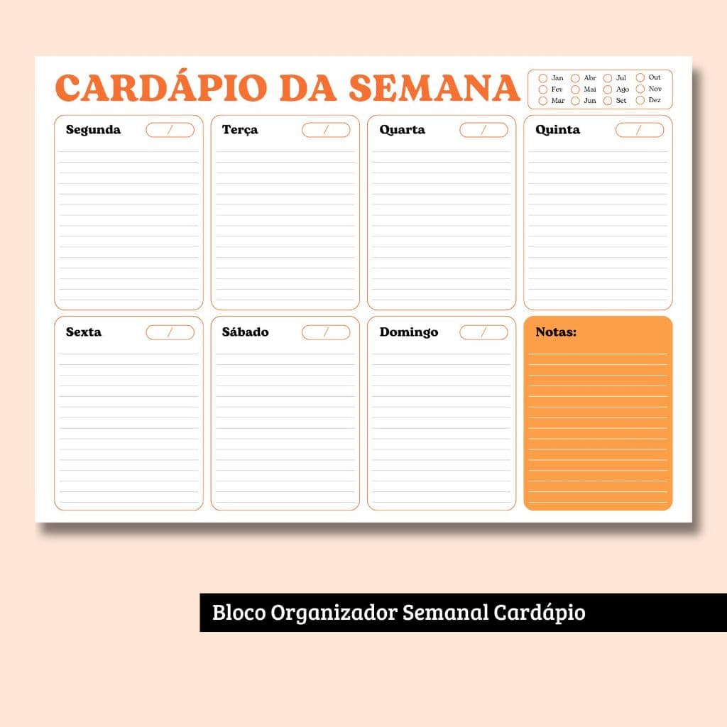 BLOCO ORGANIZADOR SEMANAL CARDÁPIO | Tamanho A4 e destacável !