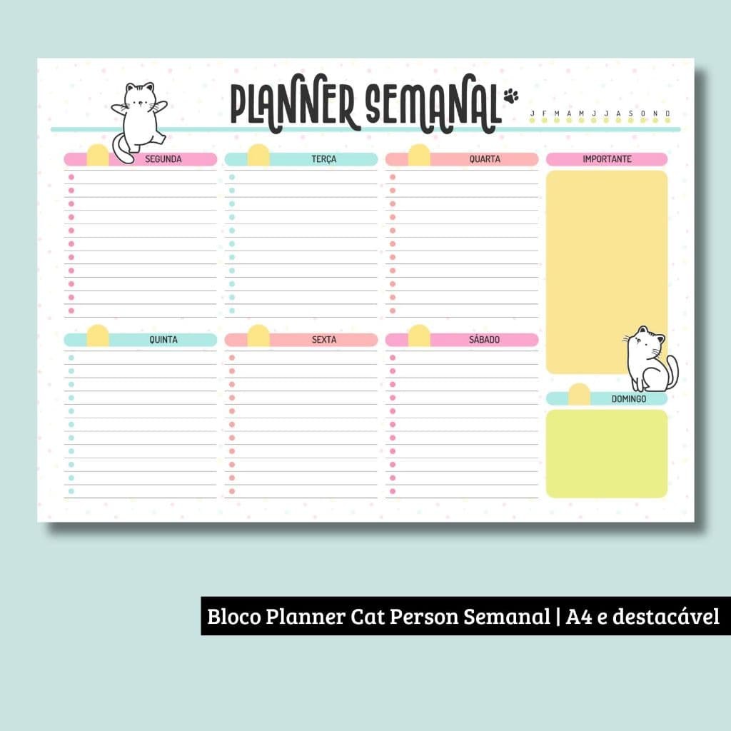 Bloco Planner Cat Person Semanal Permanente (não-datado) | Tamanho A4 e destacável !