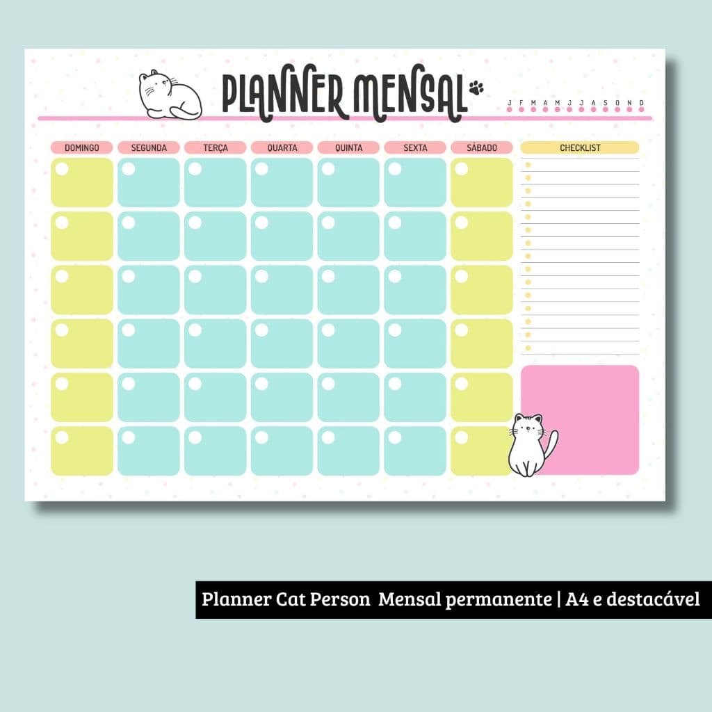 Cat Person | Planner Mensal - não datado | Tamanho A4 e destacável !