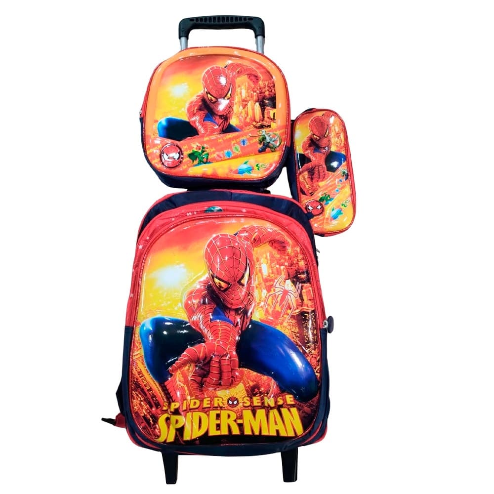 Kit Mochila do Homem Aranha em 3D com Rodinhas + Lancheira Térmica + Estojo Escolar Infantil