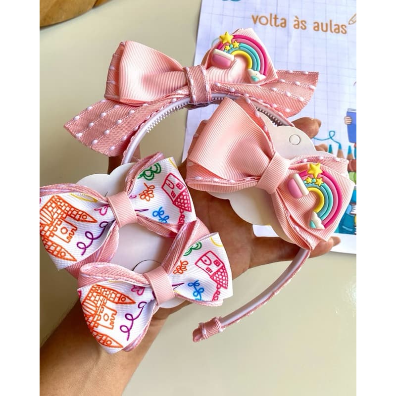 Kit laço escolar cabelo menina rosa