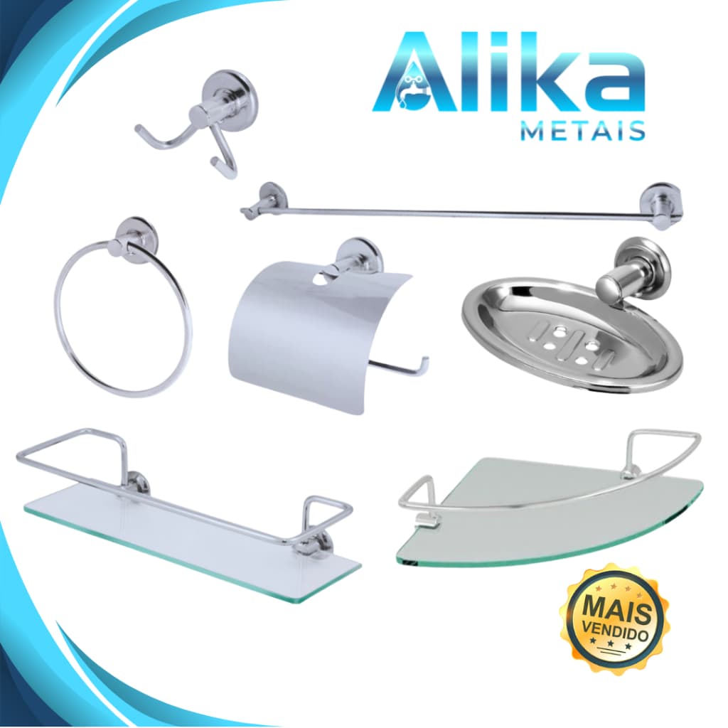 Kit Acessórios Para Banheiro 7 Peças Aço Inox E Porta Shampoo Reto E Canto Prateleiras