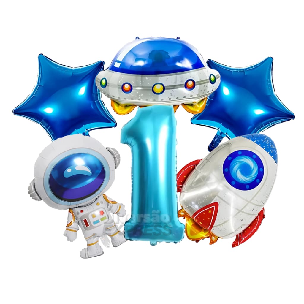 Kit Balão Bexiga Metalizada Astronauta Espaço com Número azul para Festa de Aniversário