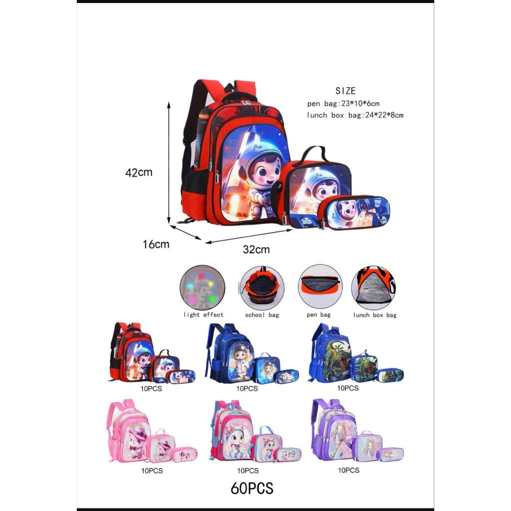 Kit Escolar Infantil Bolsa Lancheira Estojo Estampas 3D Menina e Menino com luzes