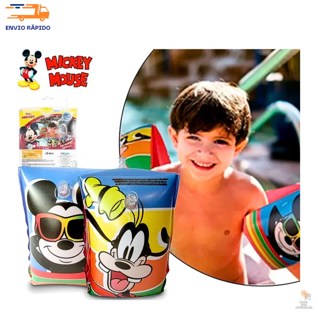 Boia de Braço Infantil Mickey 18x14 cm Inflável Flutuante Piscina Praia Mar Água Natação
