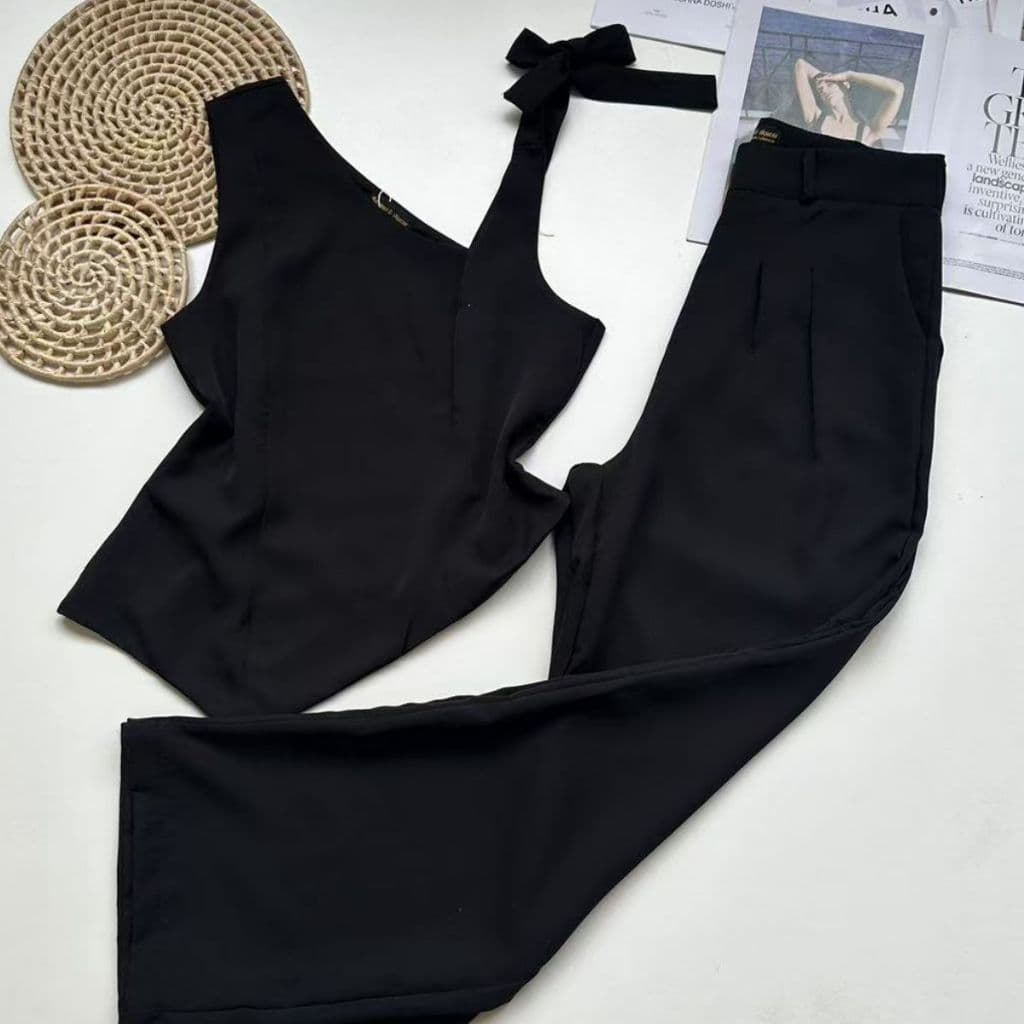 Conjunto Feminino Alfaiataria Blusa de ombro com laço e calça reta solta | P 38 M 40 G 42