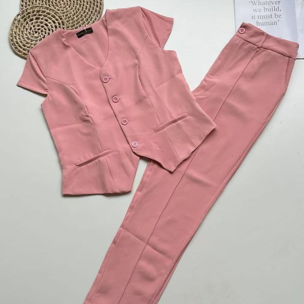 Conjunto feminino alfaiataria simples e elegante - combinação de colete de manga curta com decote em V e calça reta
