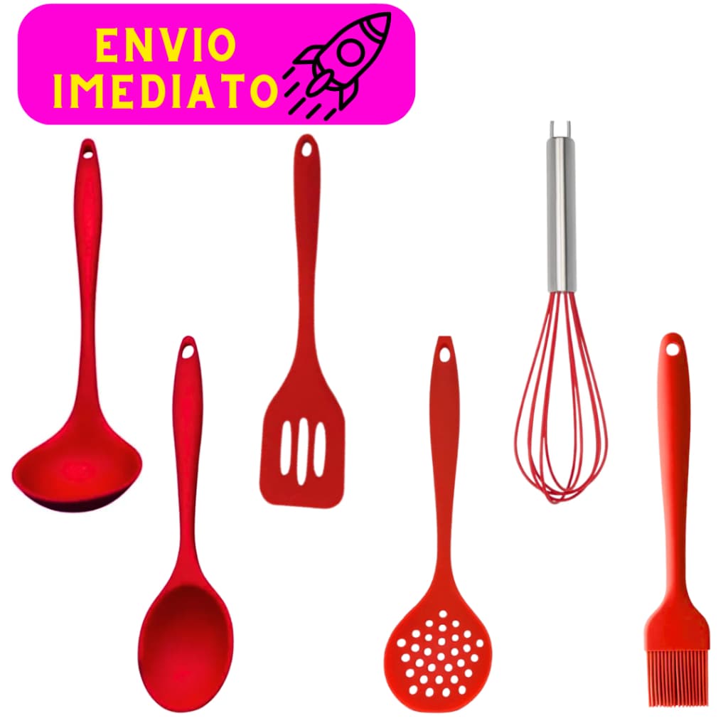 Kit 06 Peças de Silicone Colher de Arroz Concha Espátula Vazada Escumadeira Fuê e Pincel de Silicone