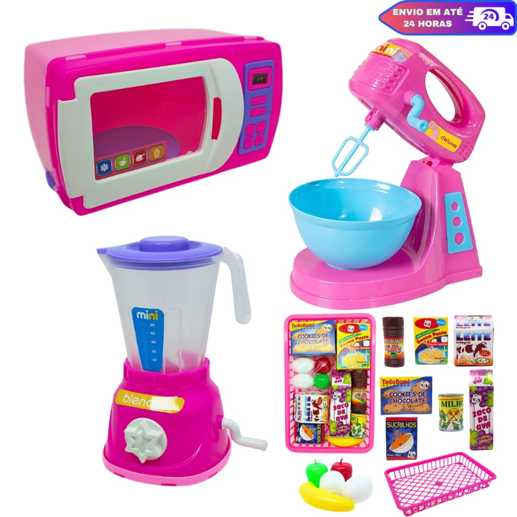 Kit Brinqeudo Infantil Menina Mini Cozinha Liquidificador Batedeira Microondas e Cestinho de Compras