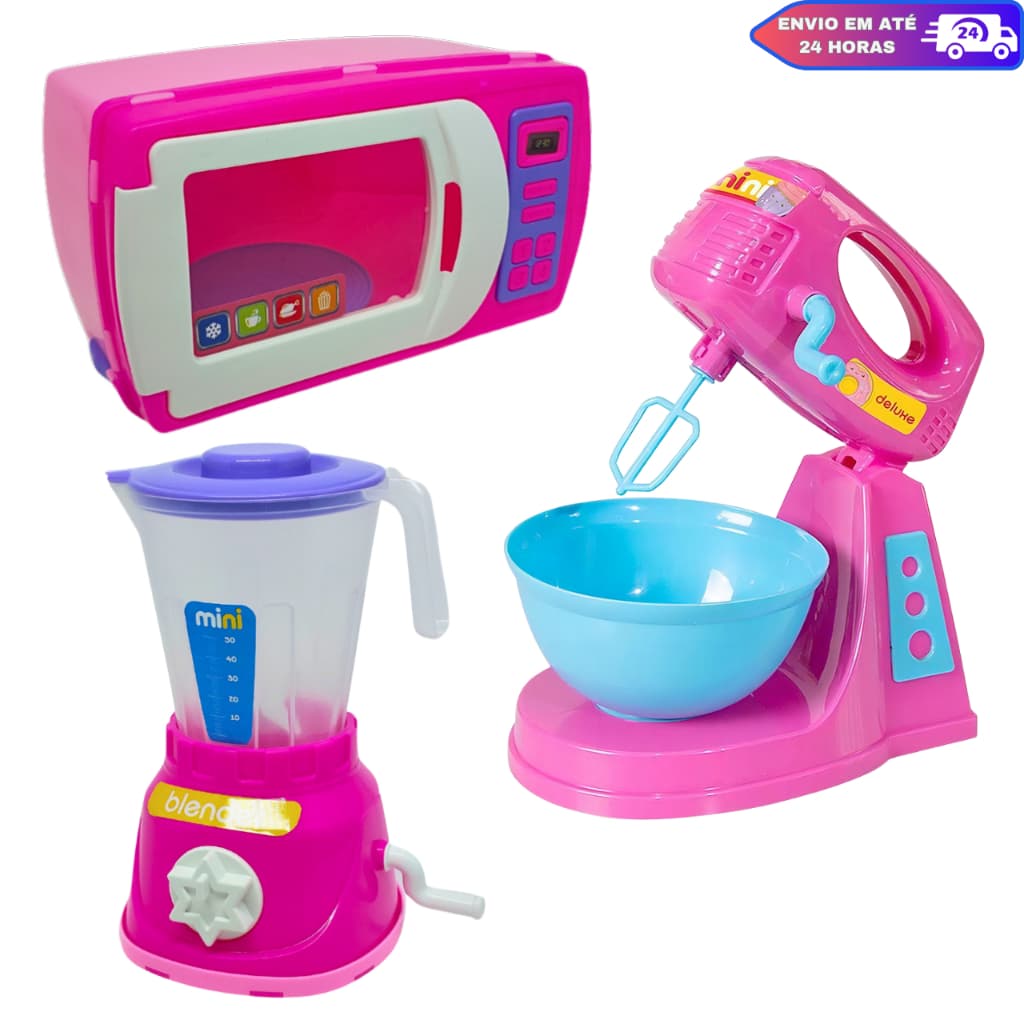 Brinquedo Cozinha Infantil Batedeira Liquidificador Microondas Cor de Rosa