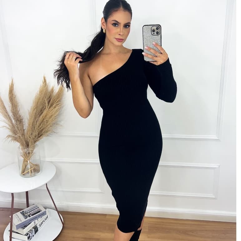 Vestido Midi Feminino Nula Manca Com Manga Longa Canelado No Tricot Modal Premium