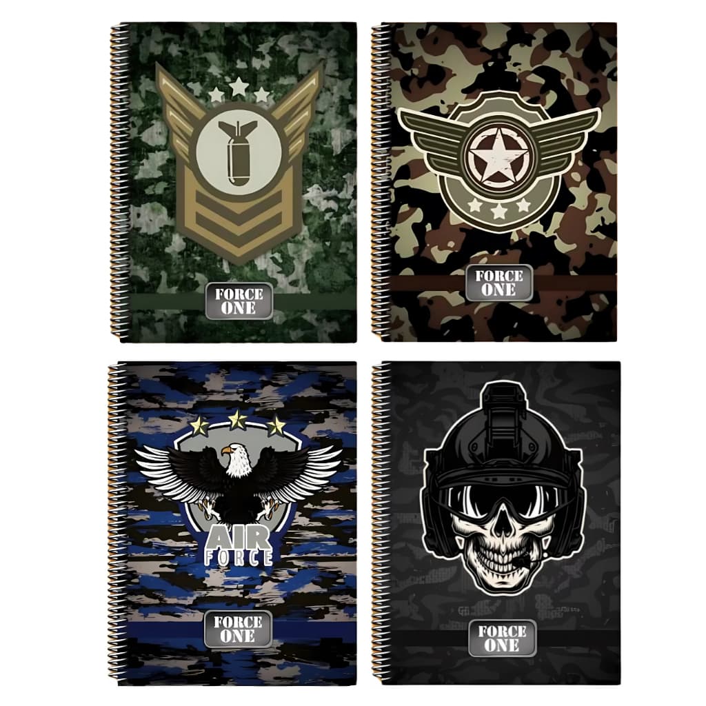 Kit 4 Cadernos Escolar 96 Folhas com Pauta Grande Arame Capa Dura Camuflado Exercito Militar Máxima