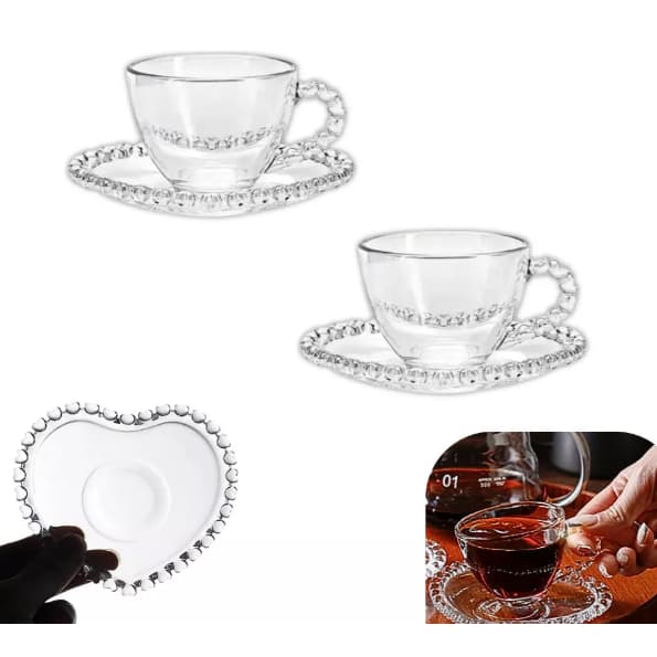 Kit 2 Xícaras Com Pires Para Café De Vidro 80ml Formato Coração Qualidade
