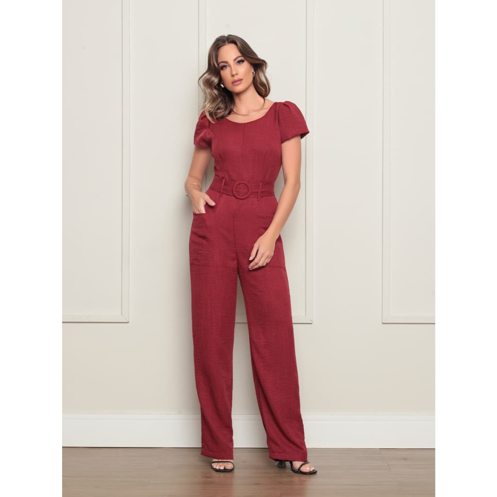 DUOUNO MODAS - MACACÃO ELEGANTE MANGA CURTA LINEN CINTO FAIXA COM FIVELA - MACACÃO FEMININO