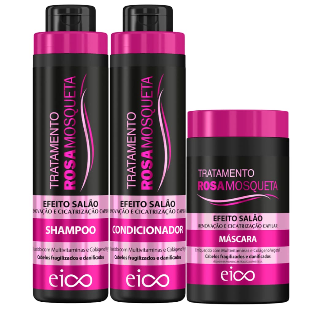 Kit Eico Tratamento Rosa Mosqueta Shampoo 800ml Condicionador 750ml Máscara Creme Hidratação 1kg