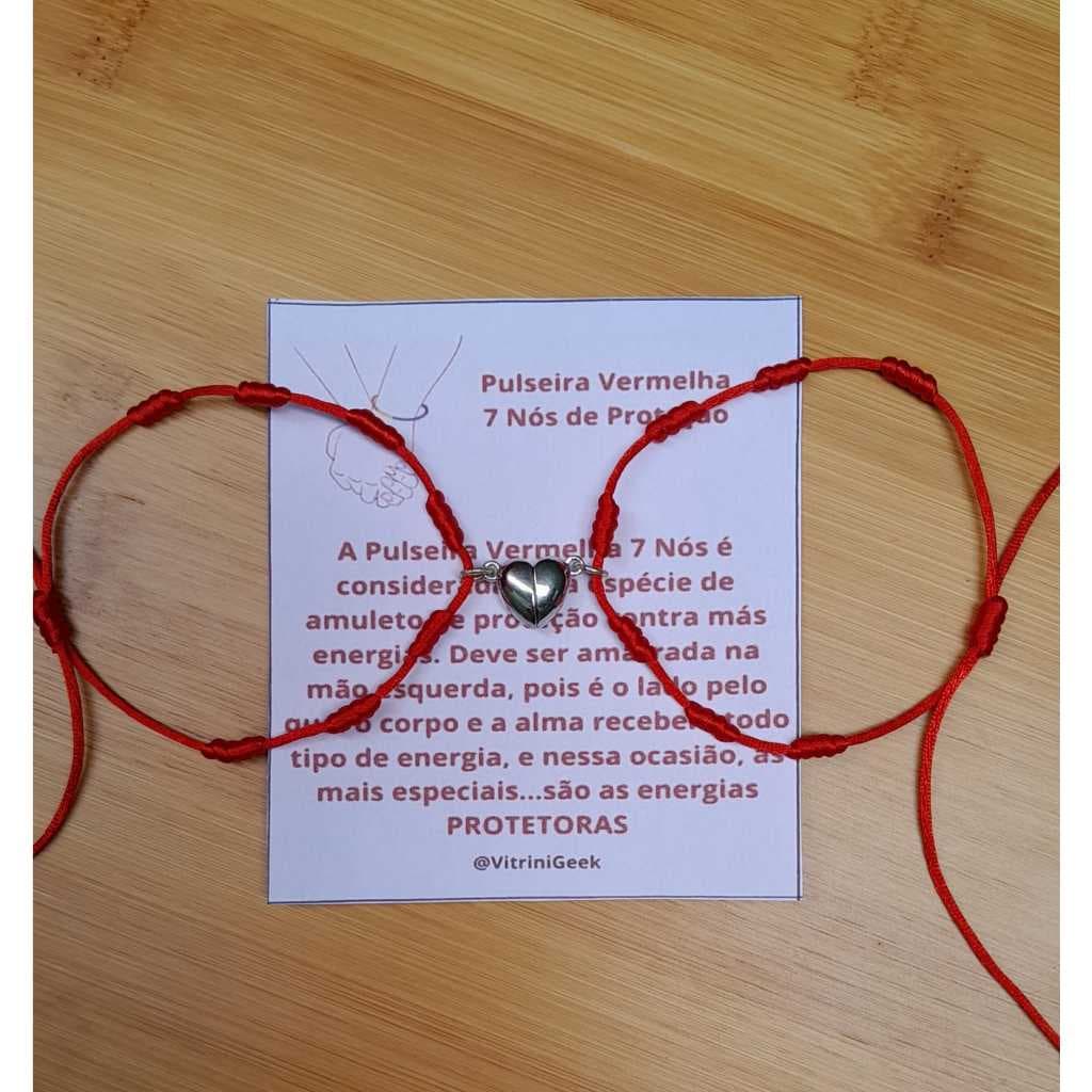 Pulseira Vermelha 7 Nós Casal/Amigos Par de Pulseira Kabbalah Vermelha Proteção com Imã de Coração