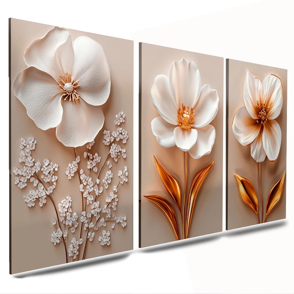 quadros em mdf para sala cozinha quarto flores brancas copo leite dourado