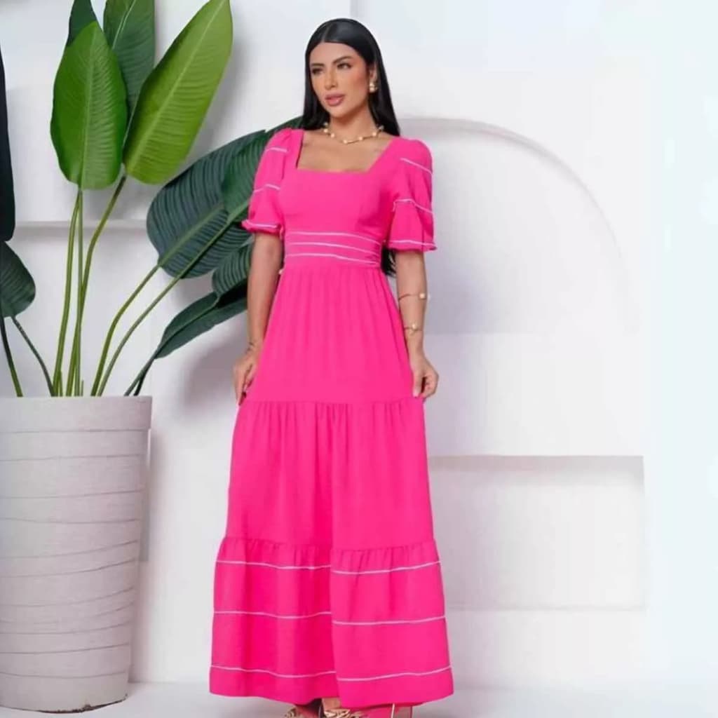 Vestido Longo Feminino Com Manga Princesa Moda Delicada Estilo Romântico Tendência