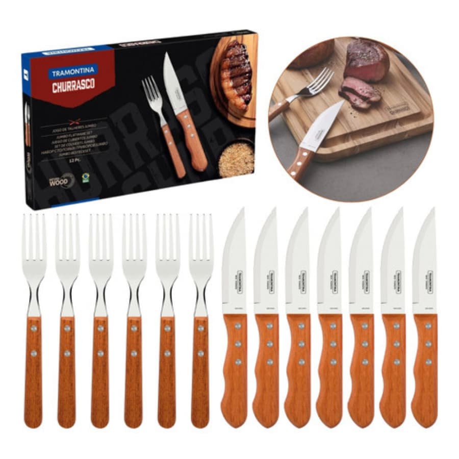 Faqueiro Jogo De Talheres Inox Tramontina Jumbo para Churrasco Madeira 12 Peças Garfo Faca