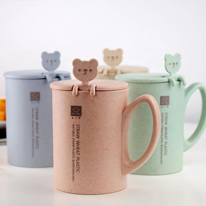 Caneca Infantil De Plástico Ursinho 400ml Com Colher E Tampa Para Criança