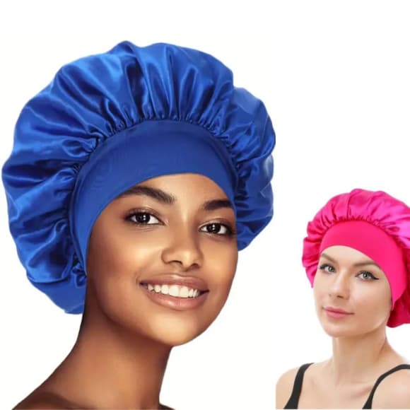 Kit 2 Touca de cetim 1 Rosa pink e 1 Azul Royal com faixa antifrizz cabelos lisos e cacheados