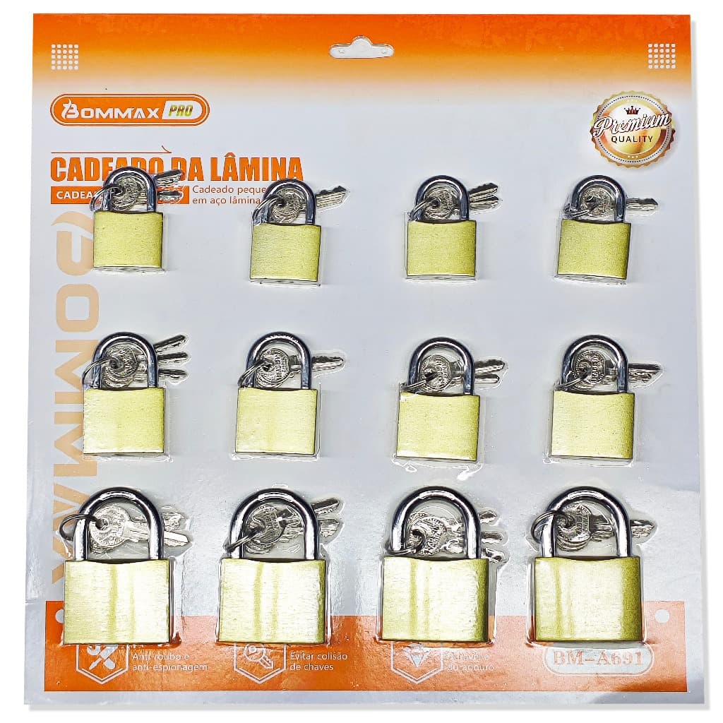 Kit 12 Unidades De Cadeado Latão Com Tamanhos Variados - A691