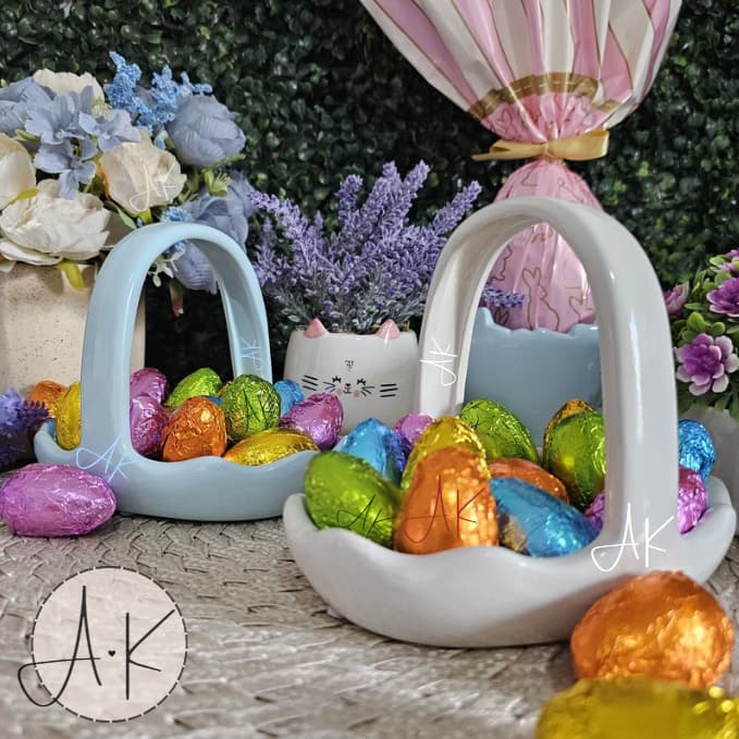 Enfeite Cesta de Páscoa Pequena Cerâmica Decoração Mesa Posta 12x15